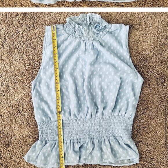 Japna sleeveless Smocked Mock Neck blouse Sheer Light Blue Medium - Picture 8 of 11